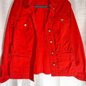 CAbi Red Utility Jacket with Button-Up Front and Ruffles in Back - Sz M